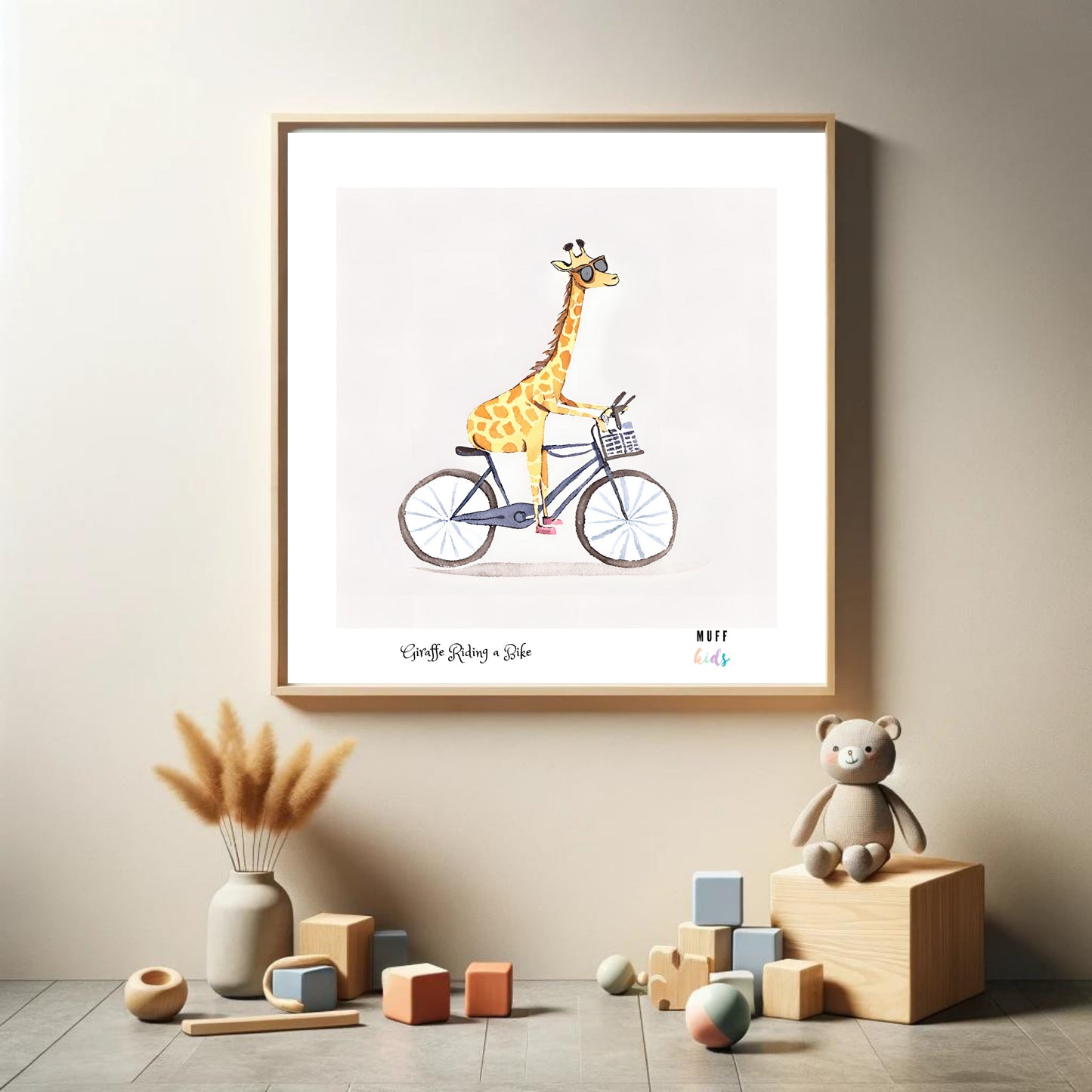 Kids Art Print Design Giraffe Ride a Bike No.1 Poster For Kids