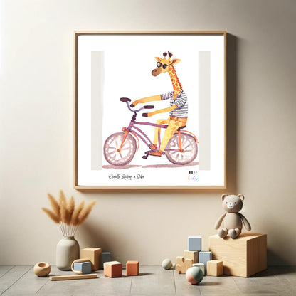 Kids Art Print Design Giraffe Ride a Bike No.4 Poster For Kids