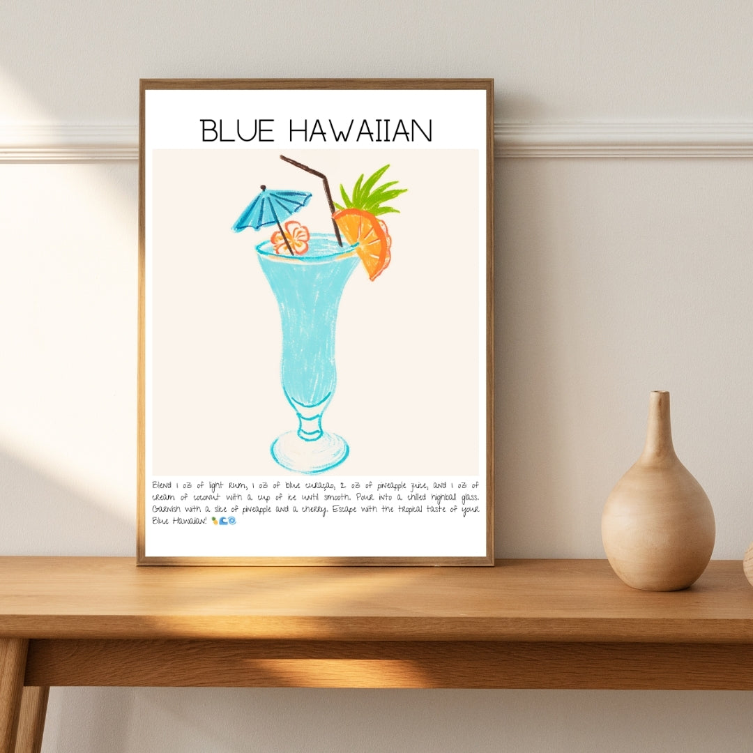 Cocktail Art Print Design Poster Blue Hawaiian Bar Decor