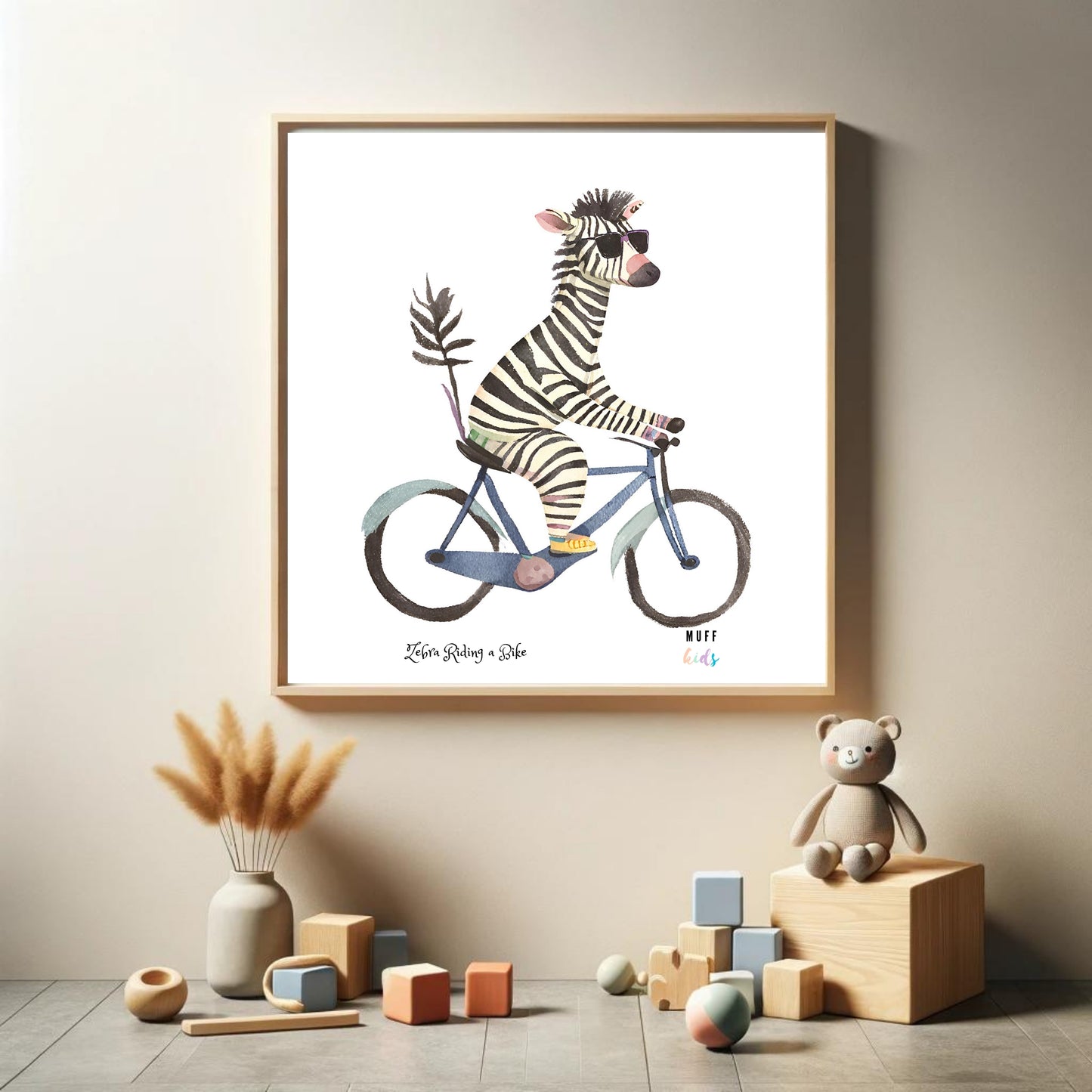 Kids Art Print Design Zebra Ride a Bike Poster For Kids