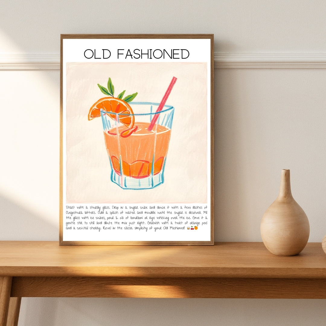 Cocktail Art Print Design Poster Old Fashioned Bar Decor