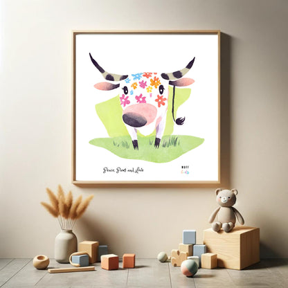 Peace, Paws and Love Cow No:2 Art Print Poster For Kids