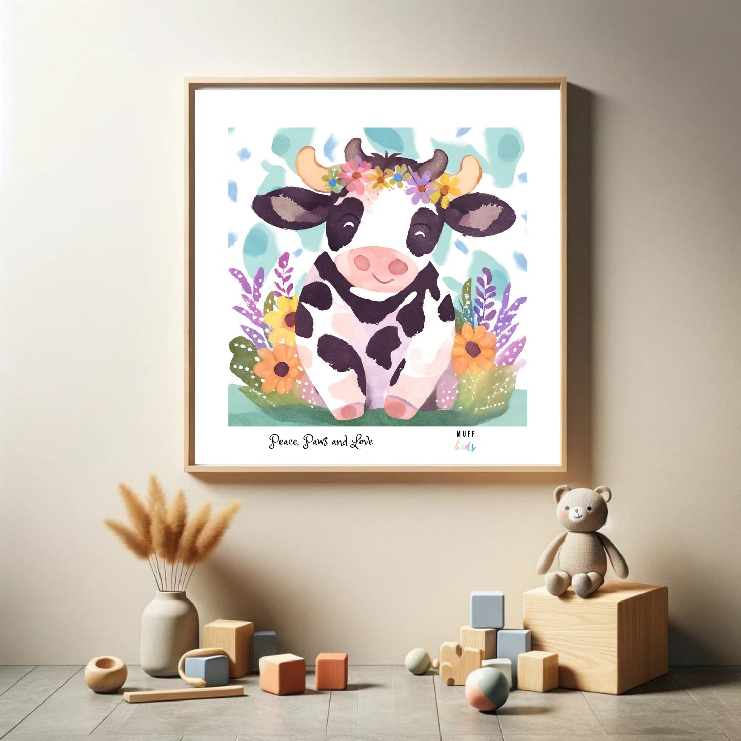 Peace, Paws and Love Cow No:1 Art Print Poster For Kids