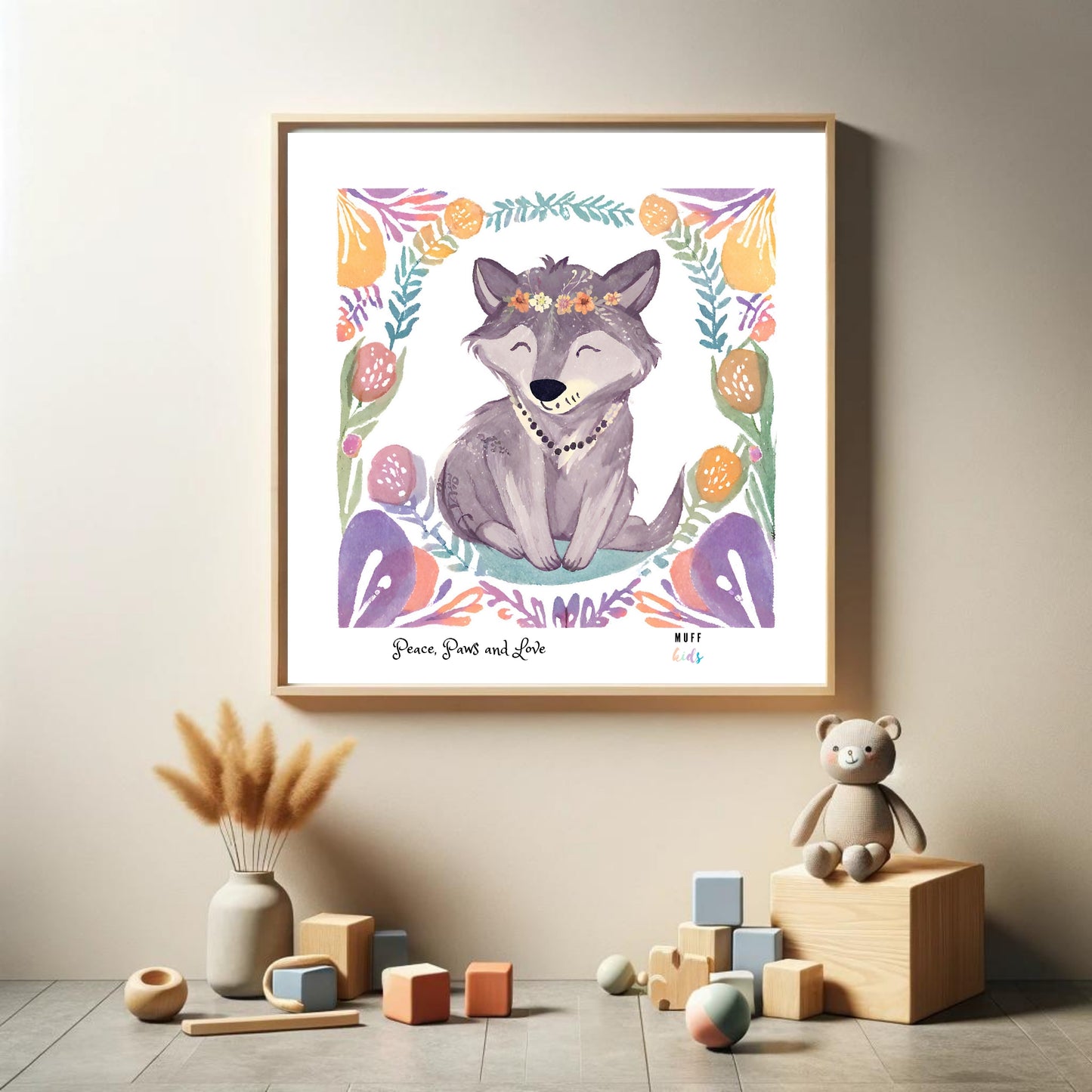 Peace, Paws and Love Wolf No:1 Art Print Tasarım Çocuk Odası Posteri