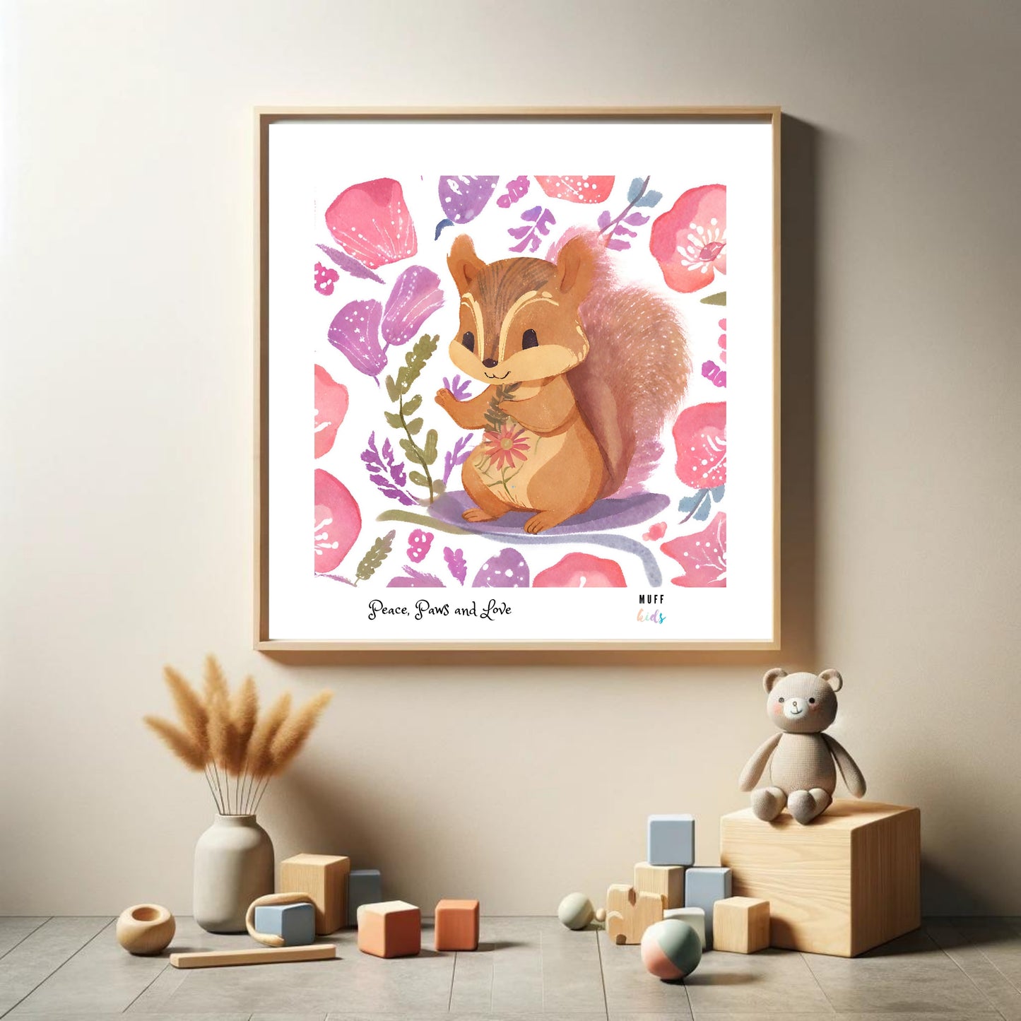 Peace, Paws and Love Squirrel No:1 Art Print Tasarım Çocuk Odası Posteri