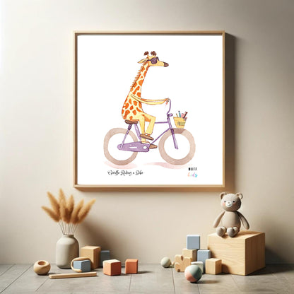 Kids Art Print Design Giraffe Ride a Bike No.2 Poster For Kids