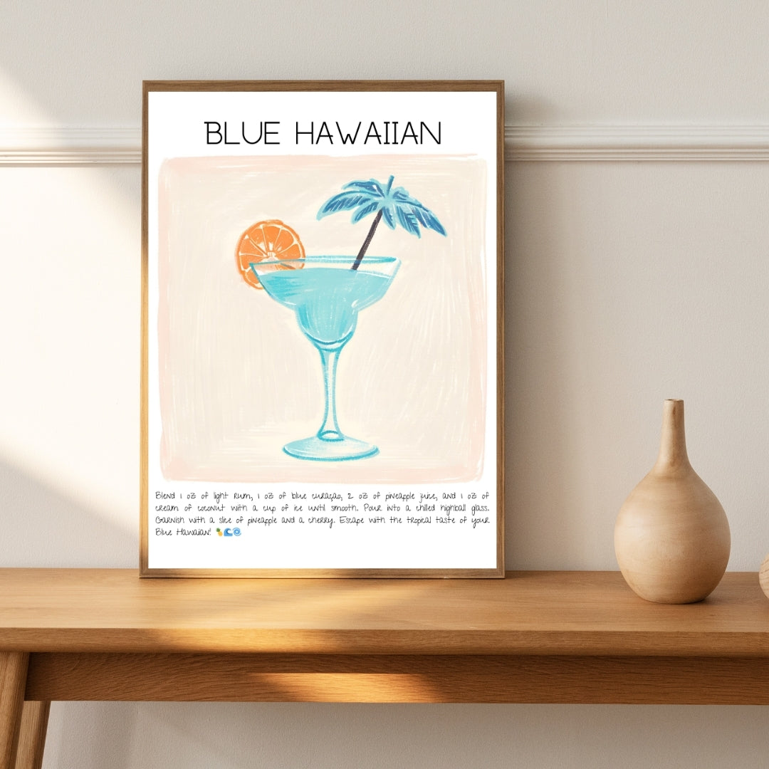 Cocktail Art Print Design Poster Blue Hawaiian Bar Decor