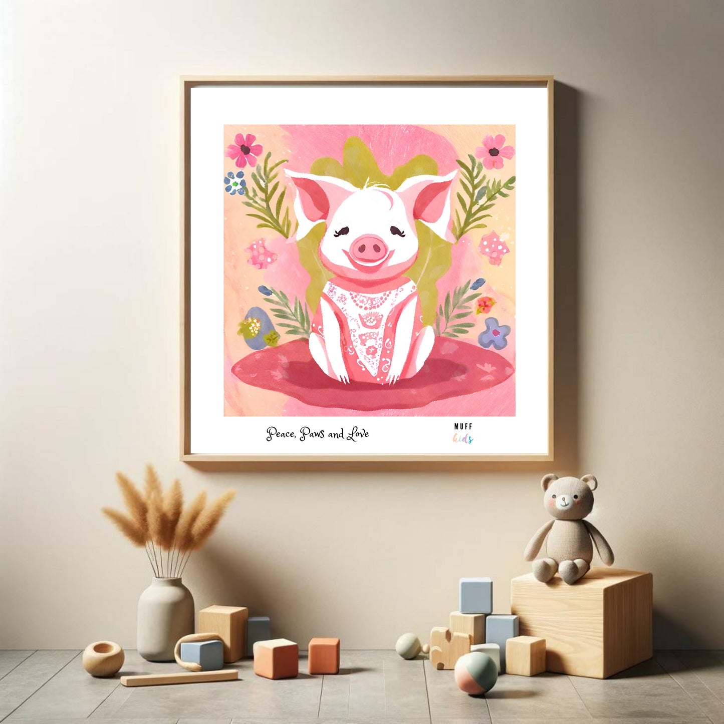 Peace, Paws and Love Pig No:3 Art Print Tasarım Çocuk Odası Posteri