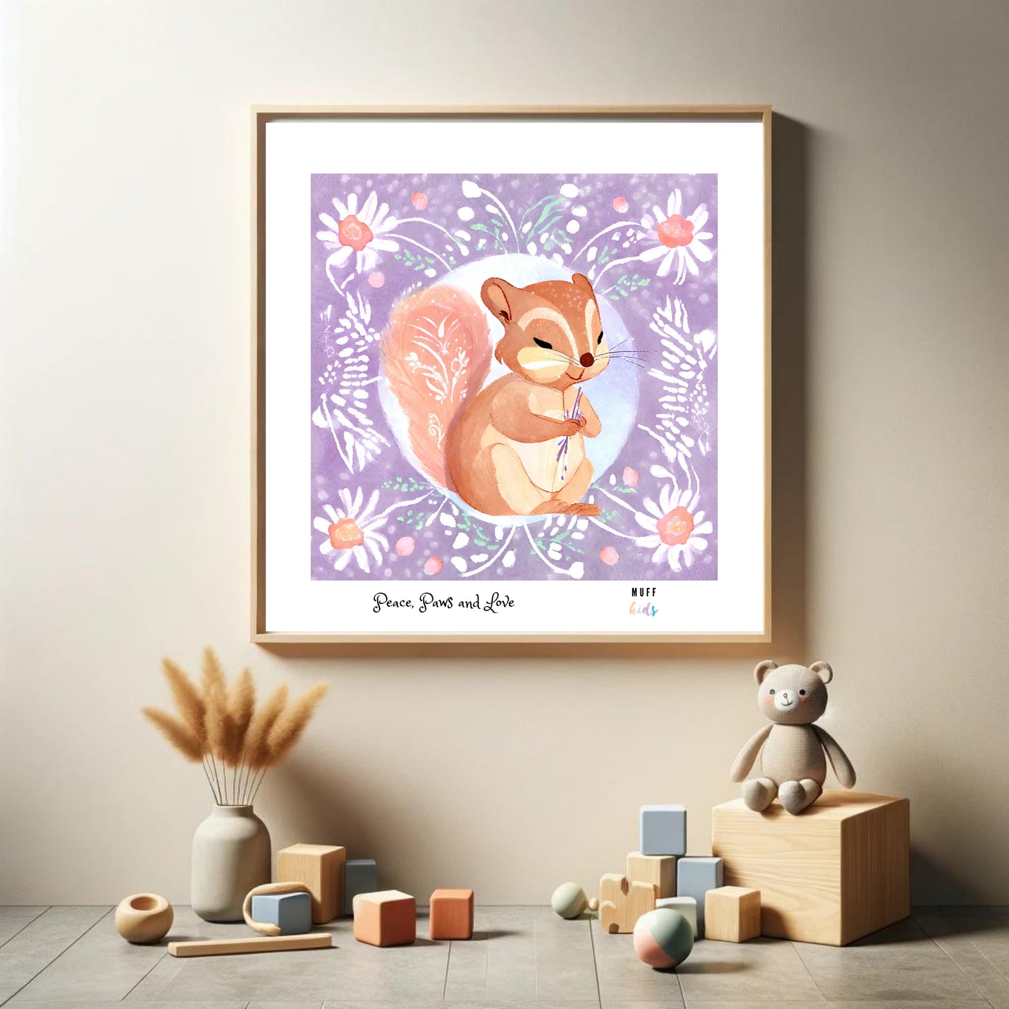 Peace, Paws and Love Squirrel No:3 Art Print Tasarım Çocuk Odası Posteri