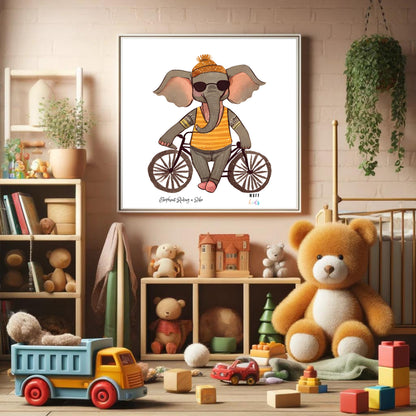 Kids Art Print Design Elephant Ride a Bike No.2 Poster For Kids