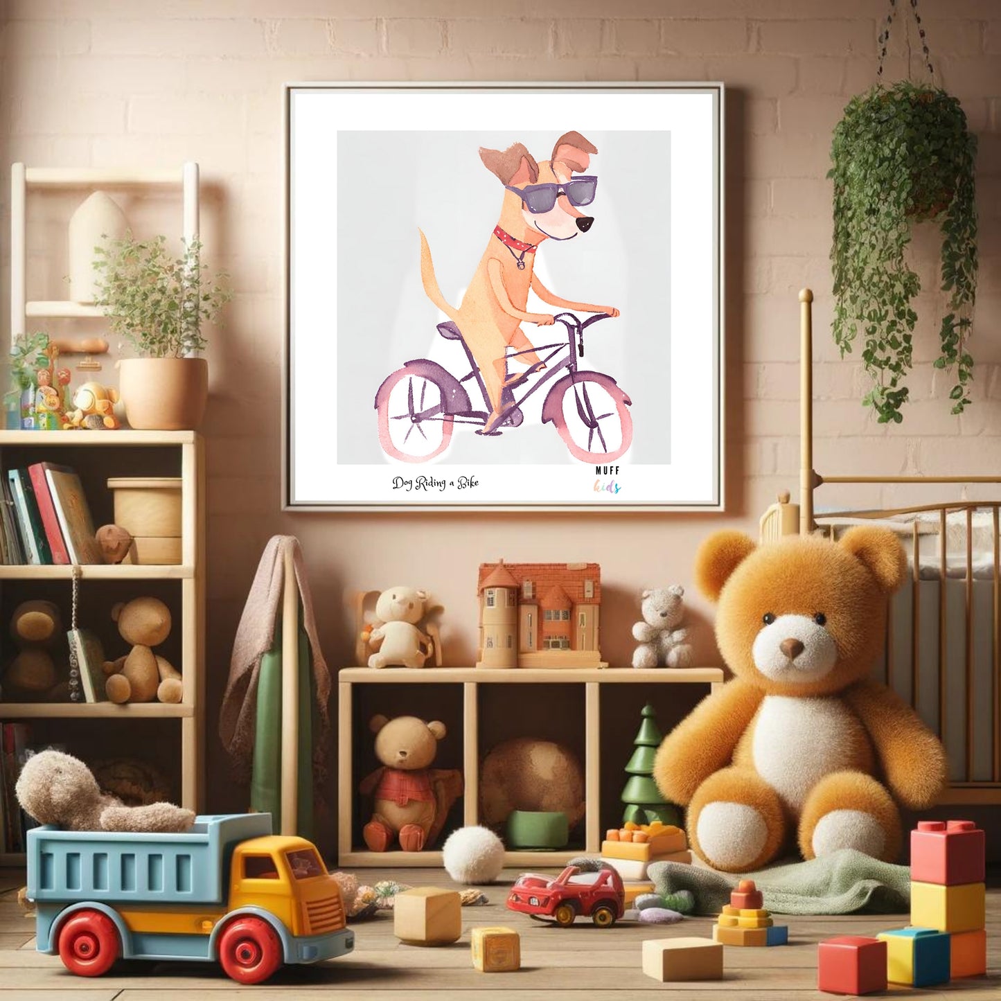 Kids Art Print Design Dog Ride a Bike Poster For Kids