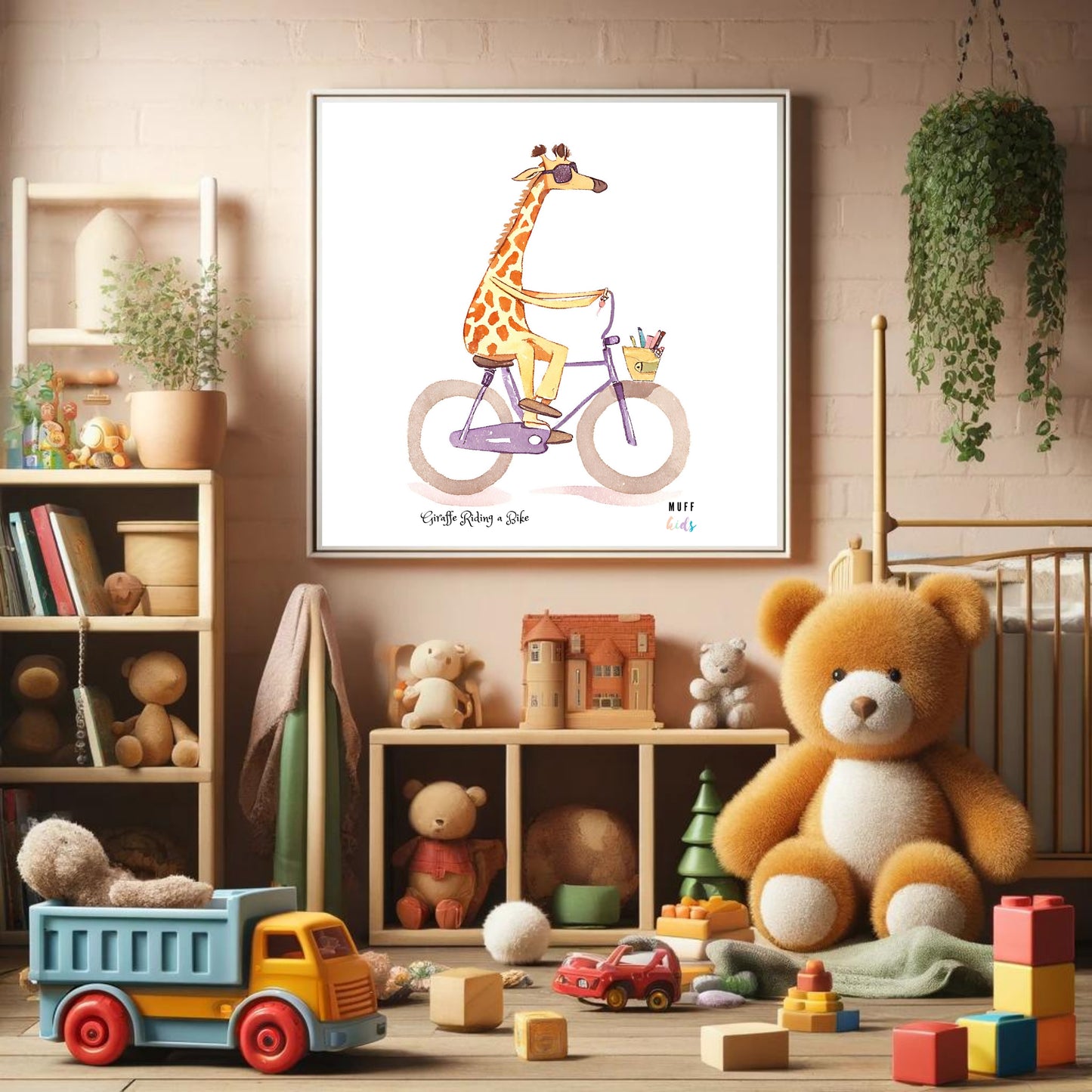 Kids Art Print Design Giraffe Ride a Bike No.2 Poster For Kids