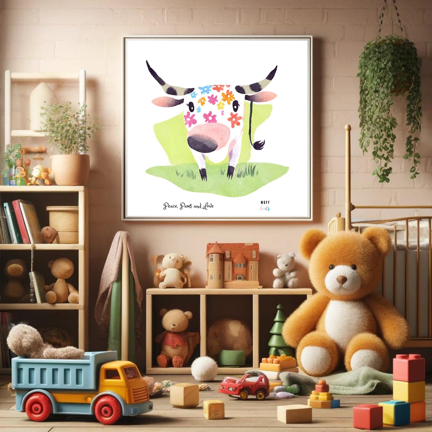 Peace, Paws and Love Cow No:2 Art Print Poster For Kids