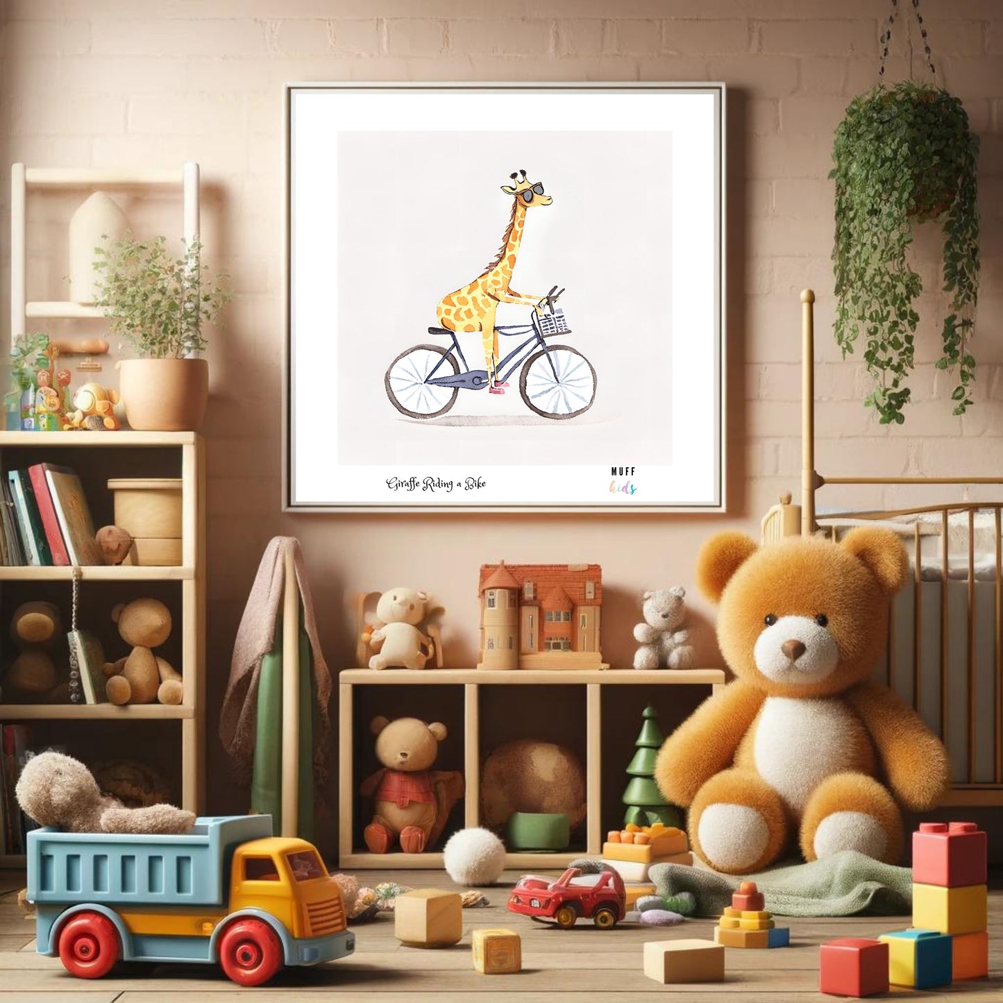 Kids Art Print Design Giraffe Ride a Bike No.1 Poster For Kids