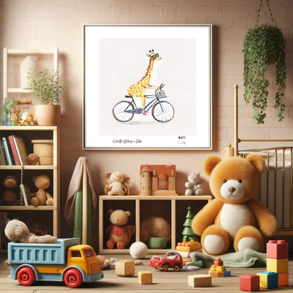 Kids Art Print Design Giraffe Ride a Bike No.1 Poster For Kids