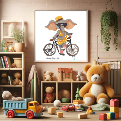 Kids Art Print Design Elephant Ride a Bike No.1 Poster For Kids