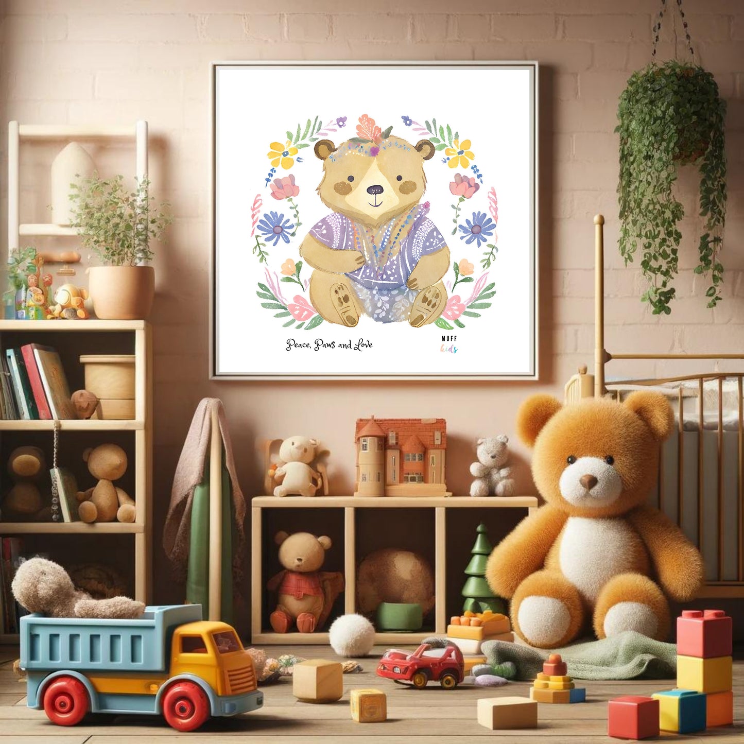 Peace, Paws and Love Bear No:3 Art Print Poster For Kids