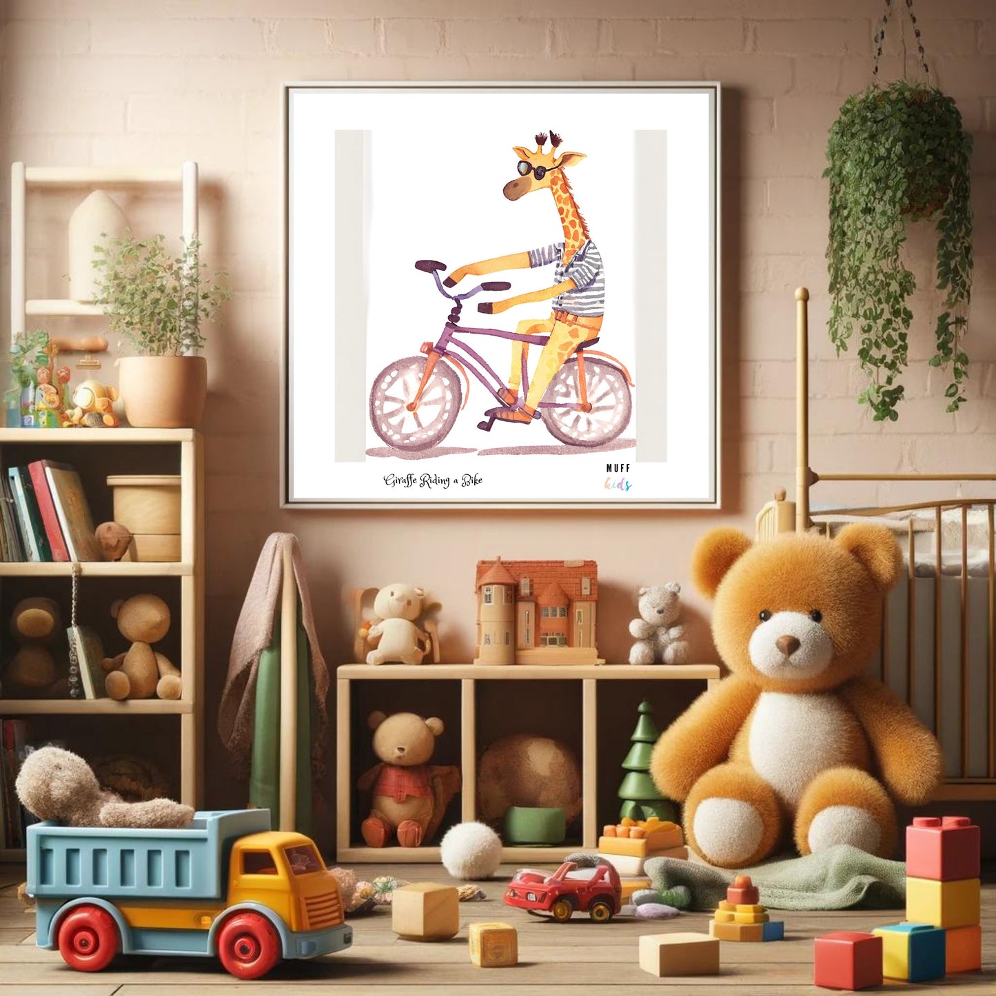 Kids Art Print Design Giraffe Ride a Bike No.4 Poster For Kids