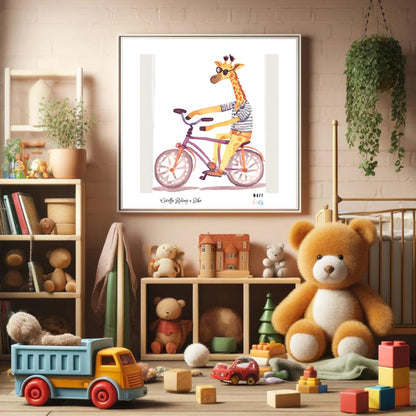 Kids Art Print Design Giraffe Ride a Bike No.4 Poster For Kids