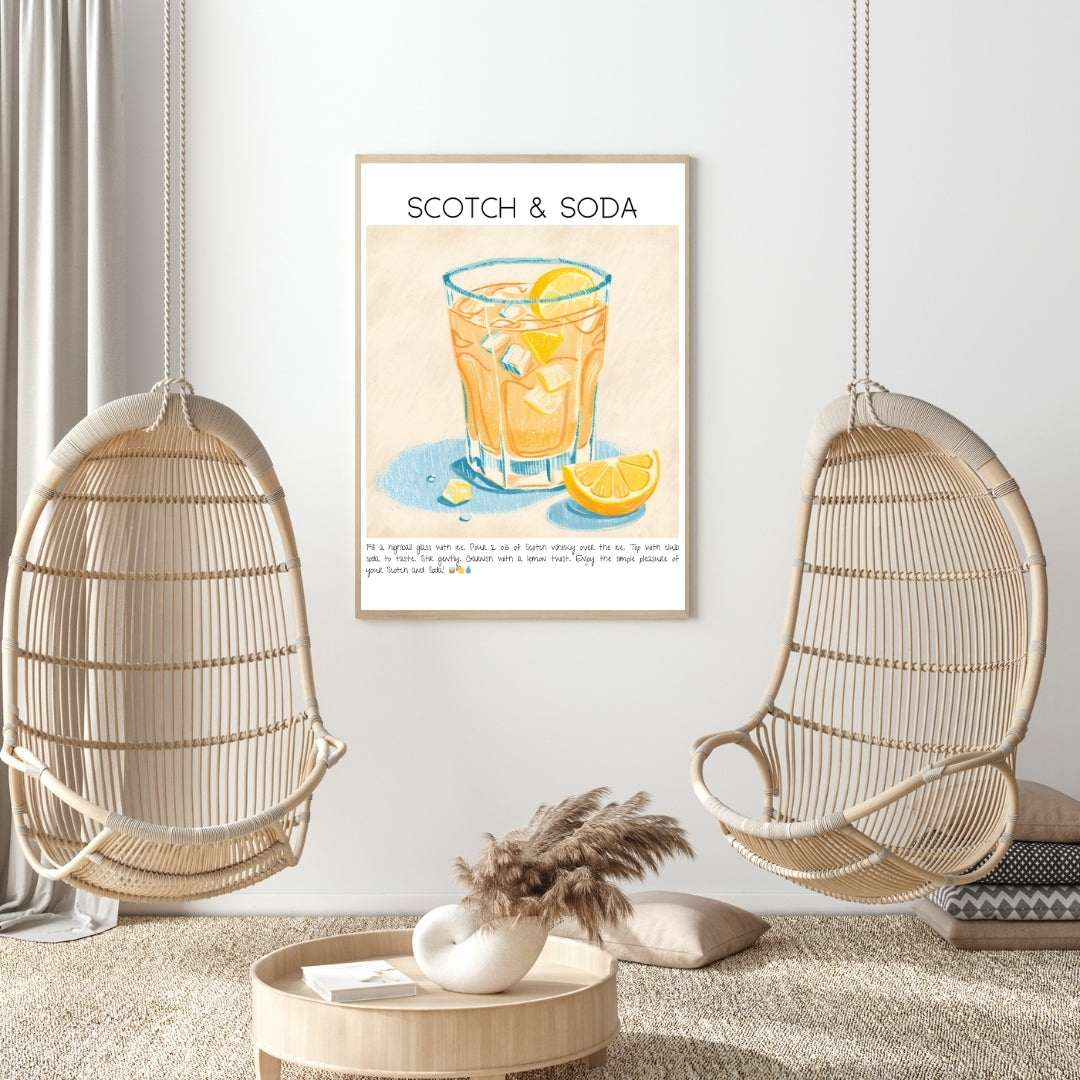 Cocktail Art Print Design Poster Scotch & Soda Bar Decor