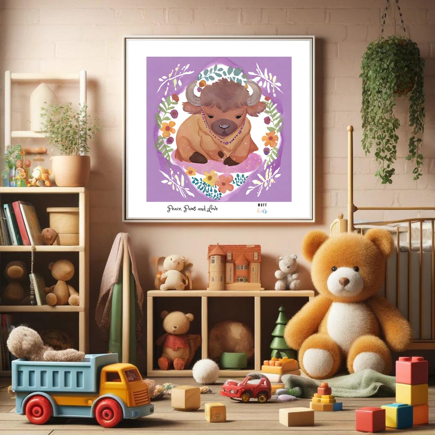 Peace, Paws and Love Bison No:3 Art Print Poster For Kids