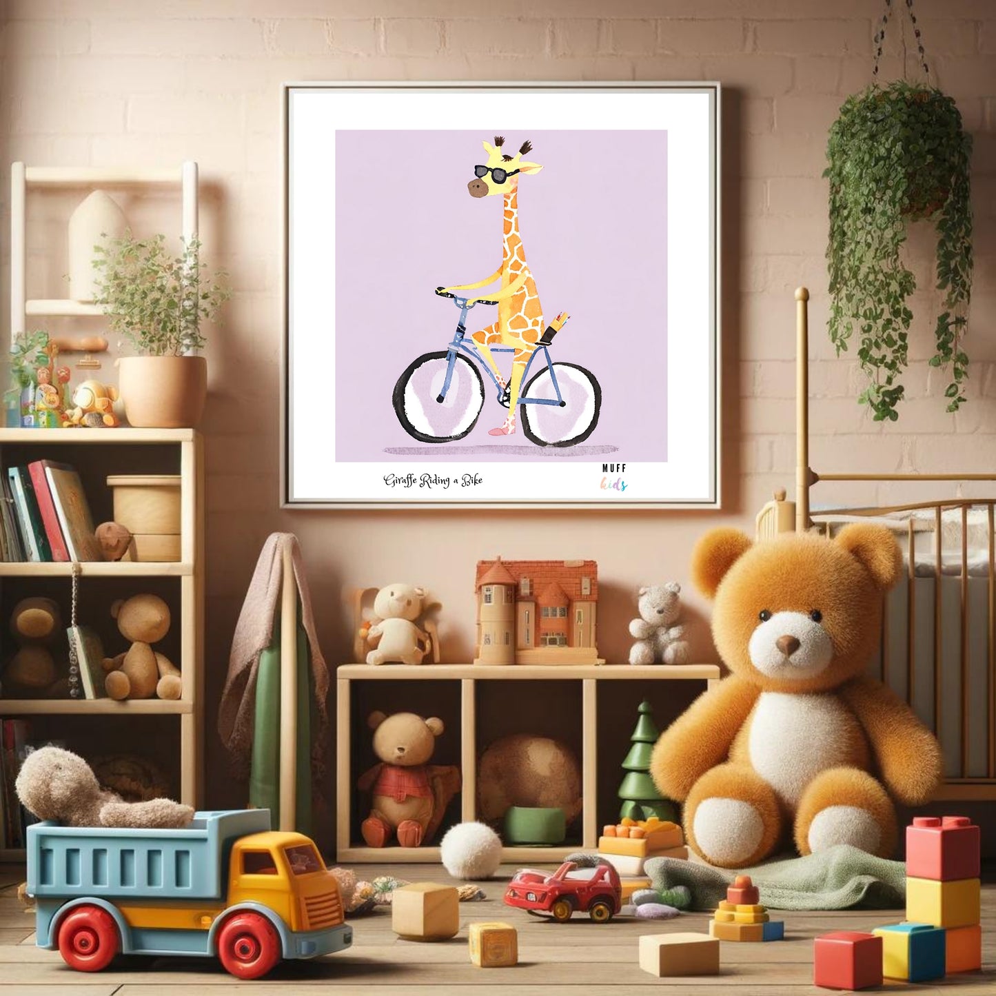 Kids Art Print Design Giraffe Ride a Bike No.3 Poster For Kids