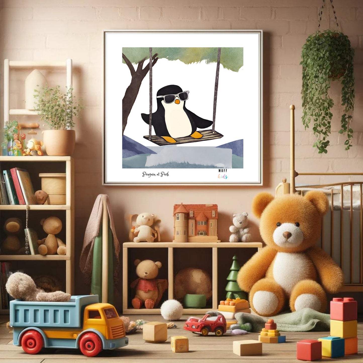 Kids Art Print Design Penguin At Park Poster For Kids