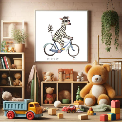 Kids Art Print Design Zebra Ride a Bike Poster For Kids