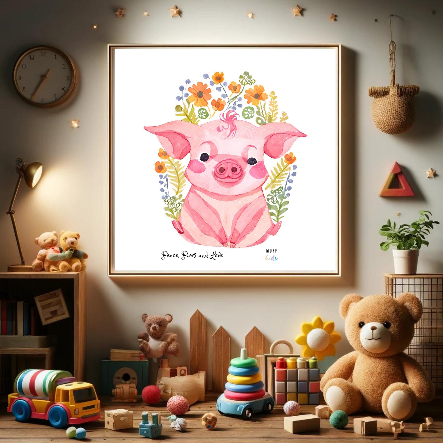 Peace, Paws and Love Pig No:1 Art Print Tasarım Çocuk Odası Posteri