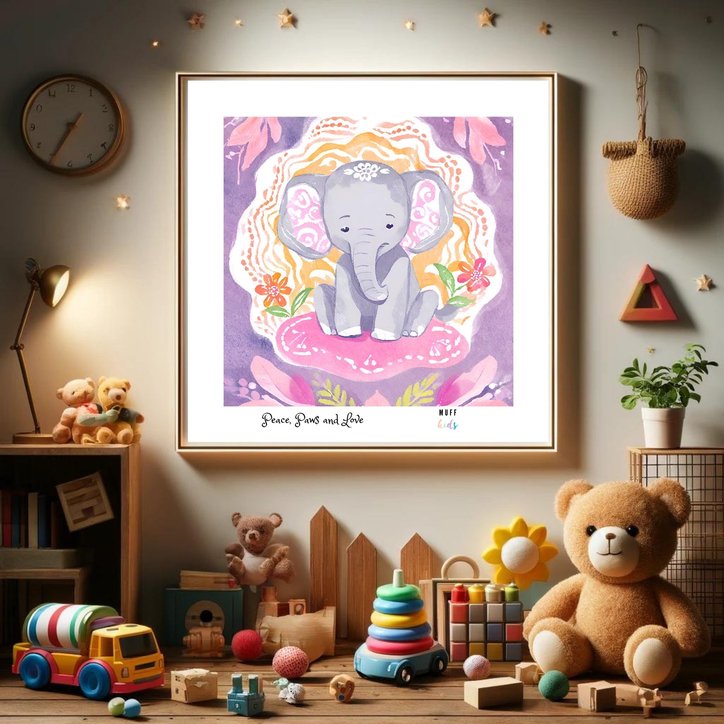 Peace, Paws and Love Elephant No:3 Art Print Poster For Kids