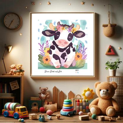 Peace, Paws and Love Cow No:1 Art Print Poster For Kids