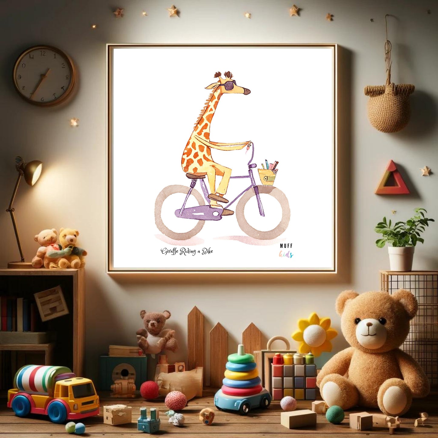 Kids Art Print Design Giraffe Ride a Bike No.2 Poster For Kids