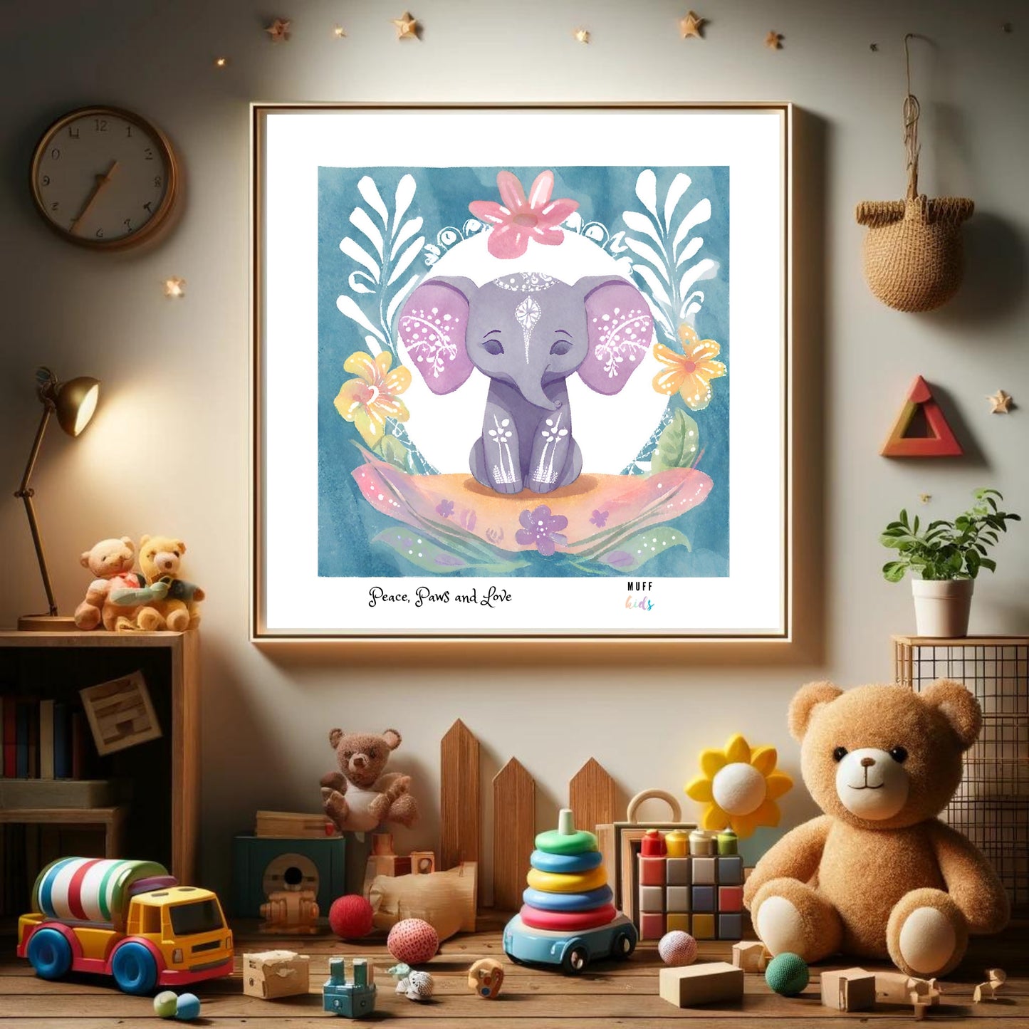 Peace, Paws and Love Elephant No:1 Art Print Poster For Kids