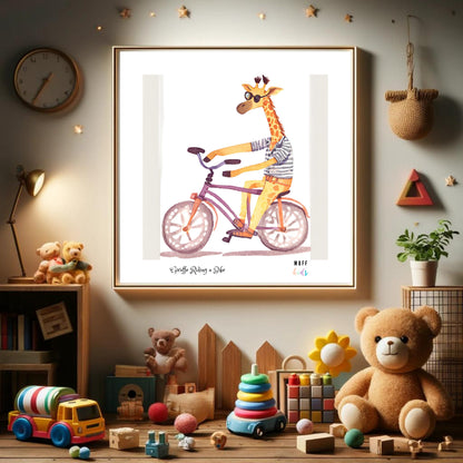 Kids Art Print Design Giraffe Ride a Bike No.4 Poster For Kids