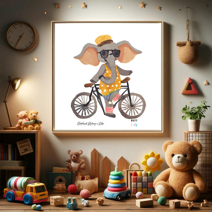 Kids Art Print Design Elephant Ride a Bike No.1 Poster For Kids