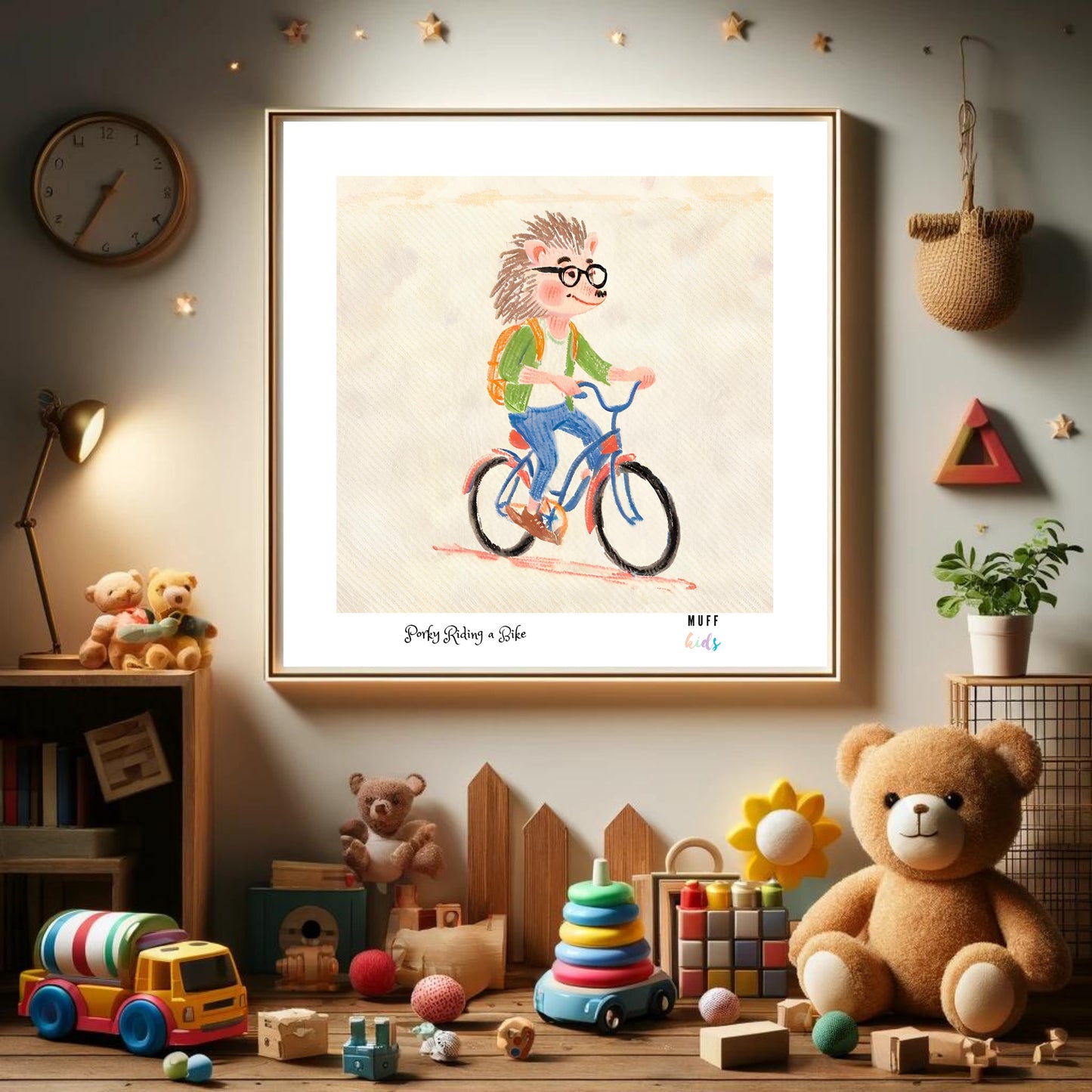 Kids Art Print Design Hedgehog Ride a Bike Poster For Kids