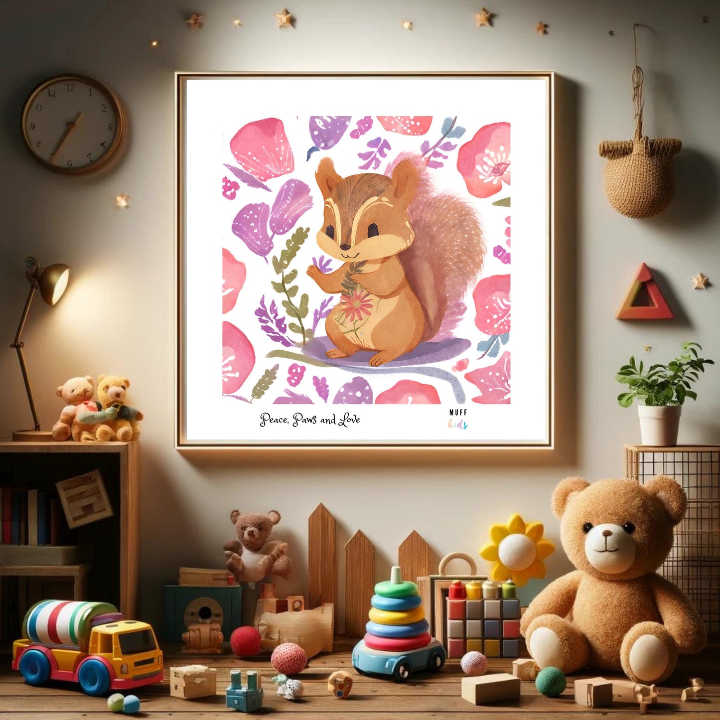 Peace, Paws and Love Squirrel No:1 Art Print Tasarım Çocuk Odası Posteri