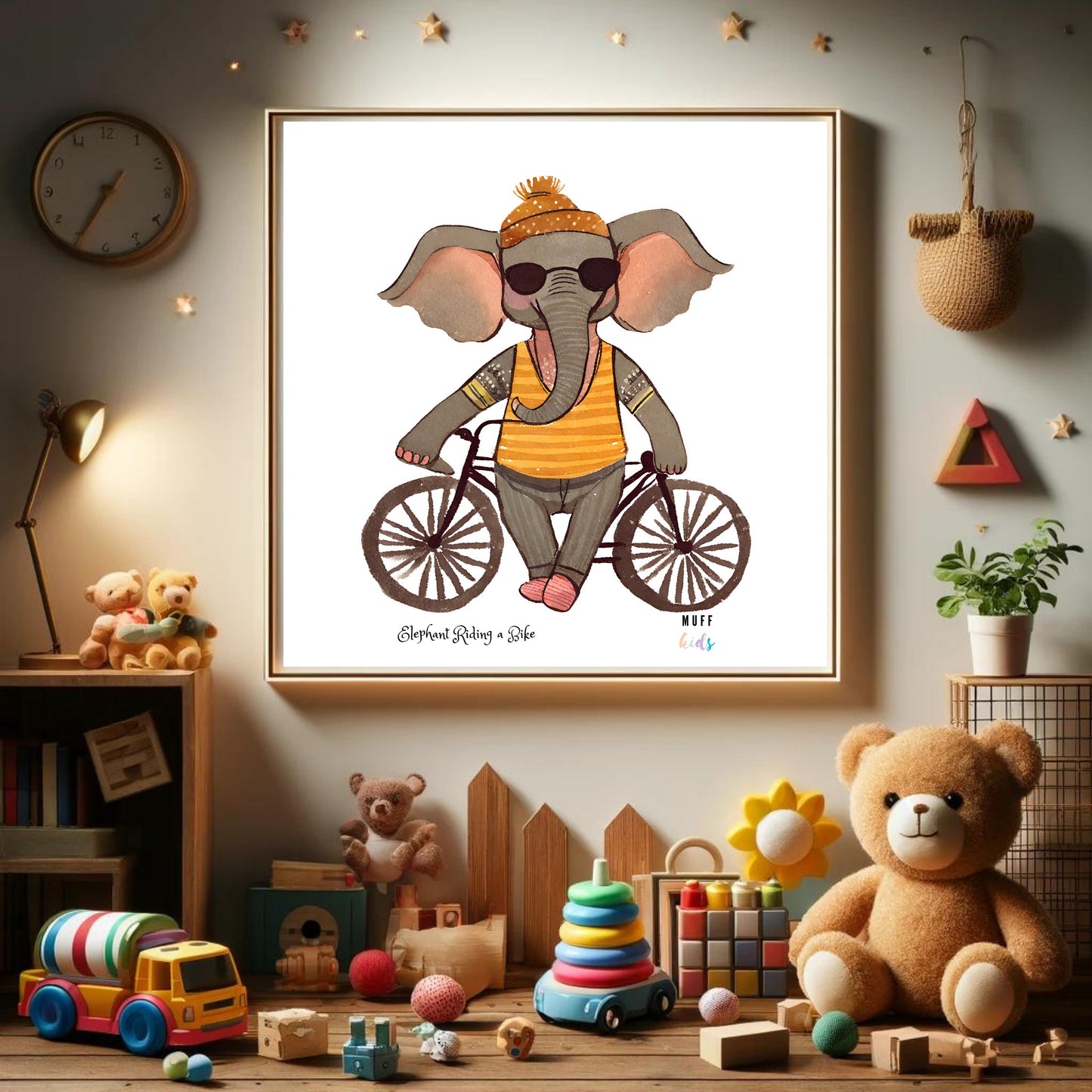 Kids Art Print Design Elephant Ride a Bike No.2 Poster For Kids