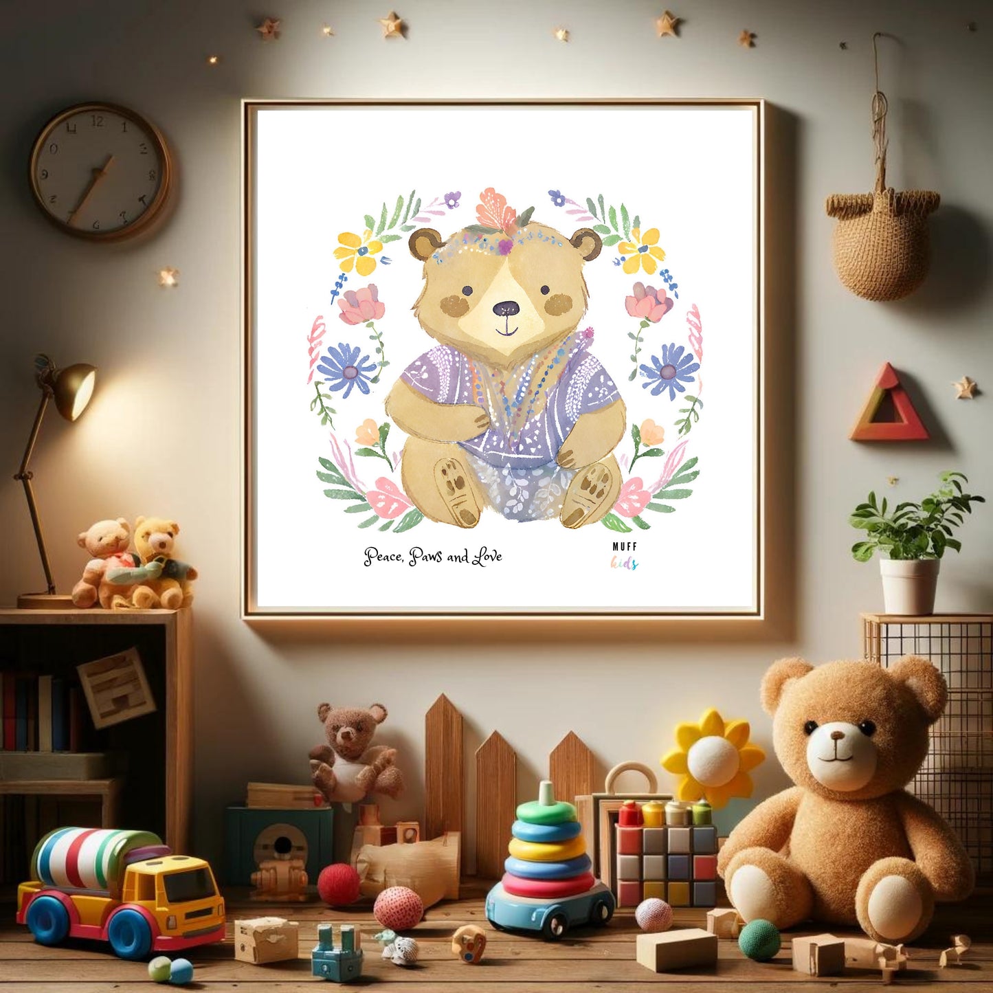 Peace, Paws and Love Bear No:3 Art Print Poster For Kids