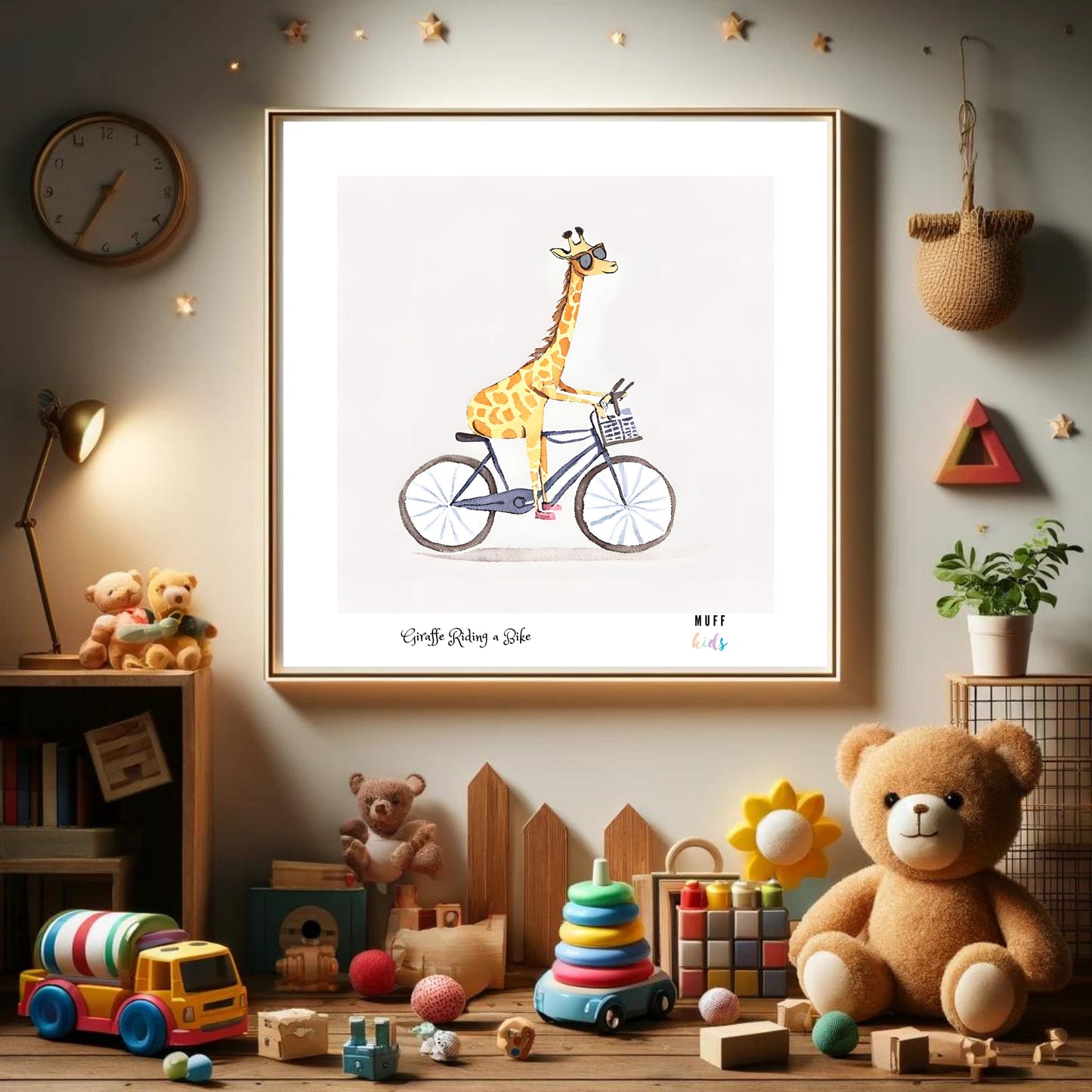 Kids Art Print Design Giraffe Ride a Bike No.1 Poster For Kids