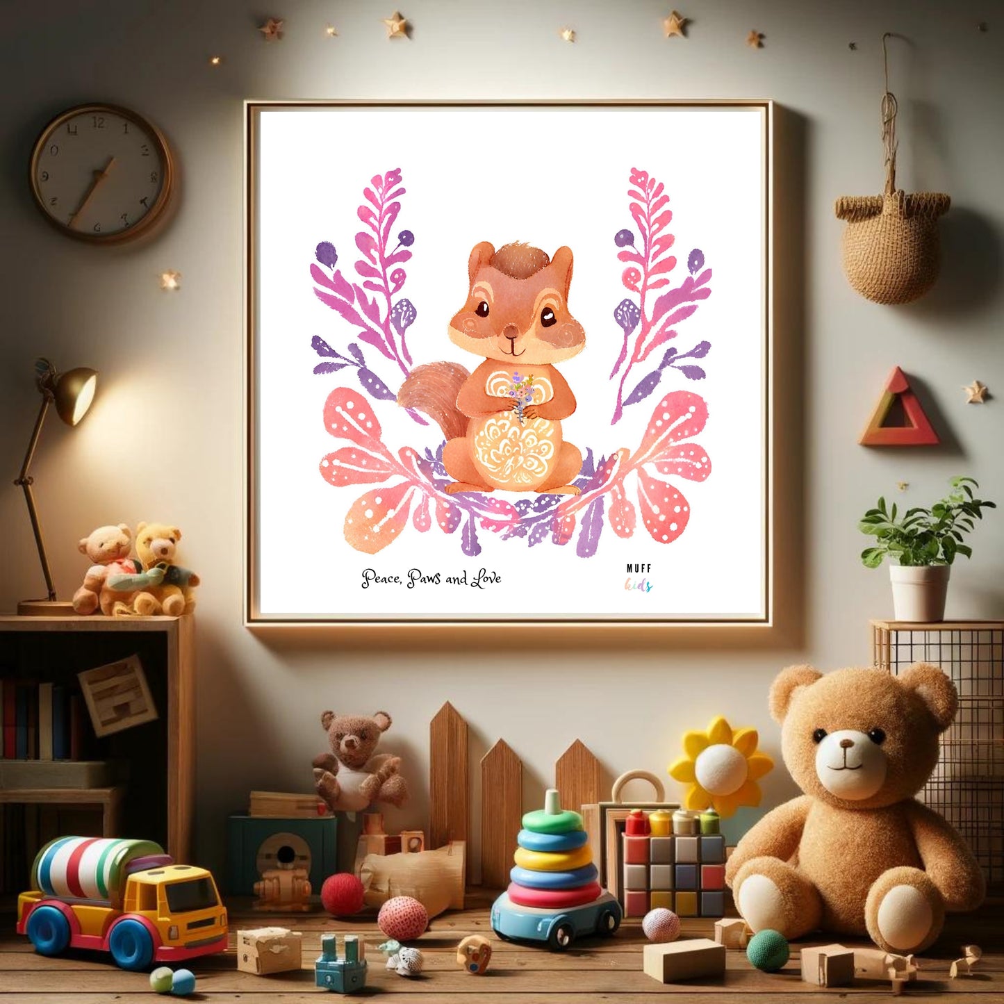 Peace, Paws and Love Squirrel No:2 Art Print Tasarım Çocuk Odası Posteri