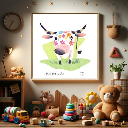 Peace, Paws and Love Cow No:2 Art Print Poster For Kids