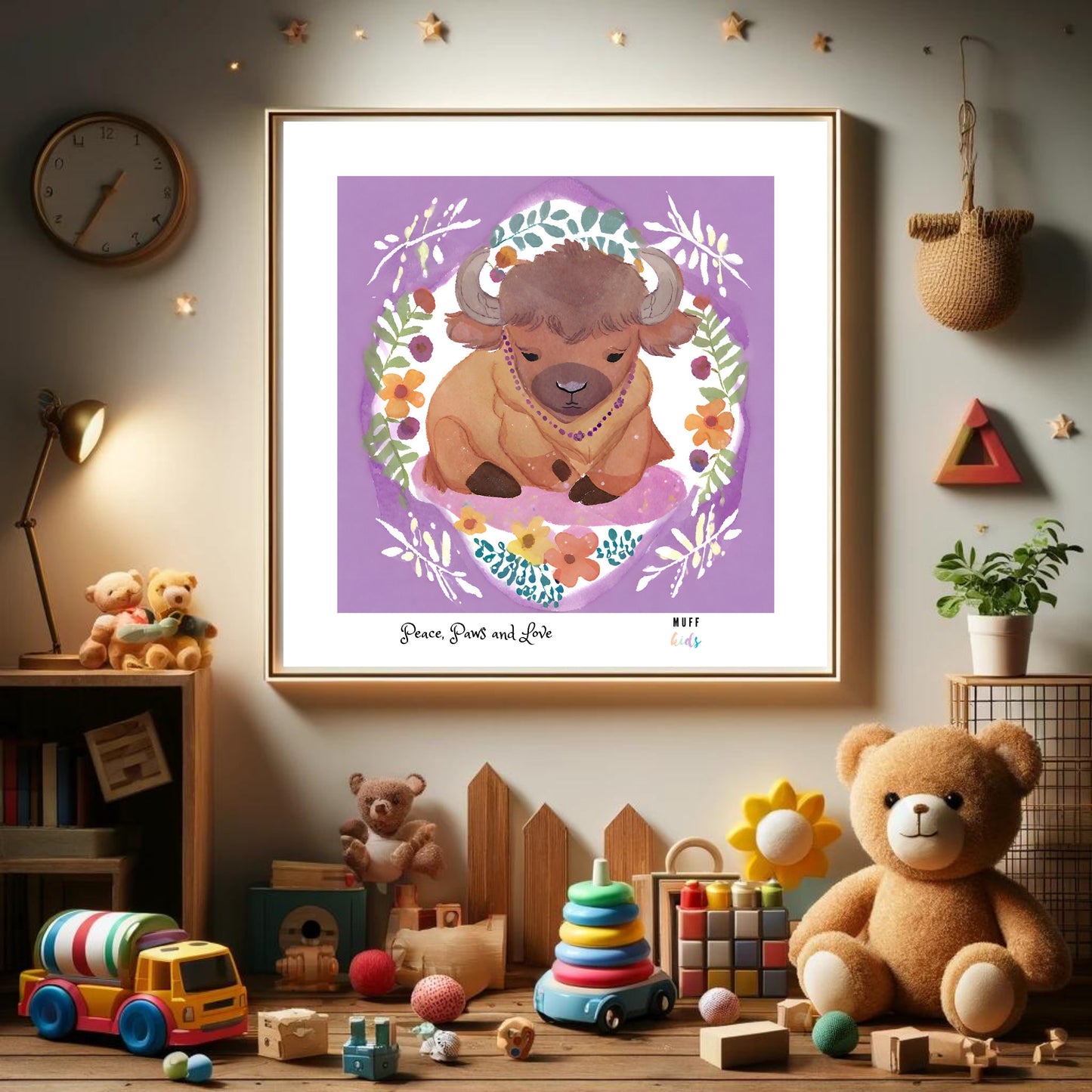 Peace, Paws and Love Bison No:3 Art Print Poster For Kids