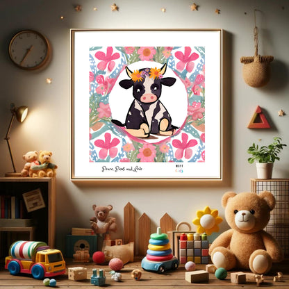 Peace, Paws and Love Cow No:3 Art Print Poster For Kids