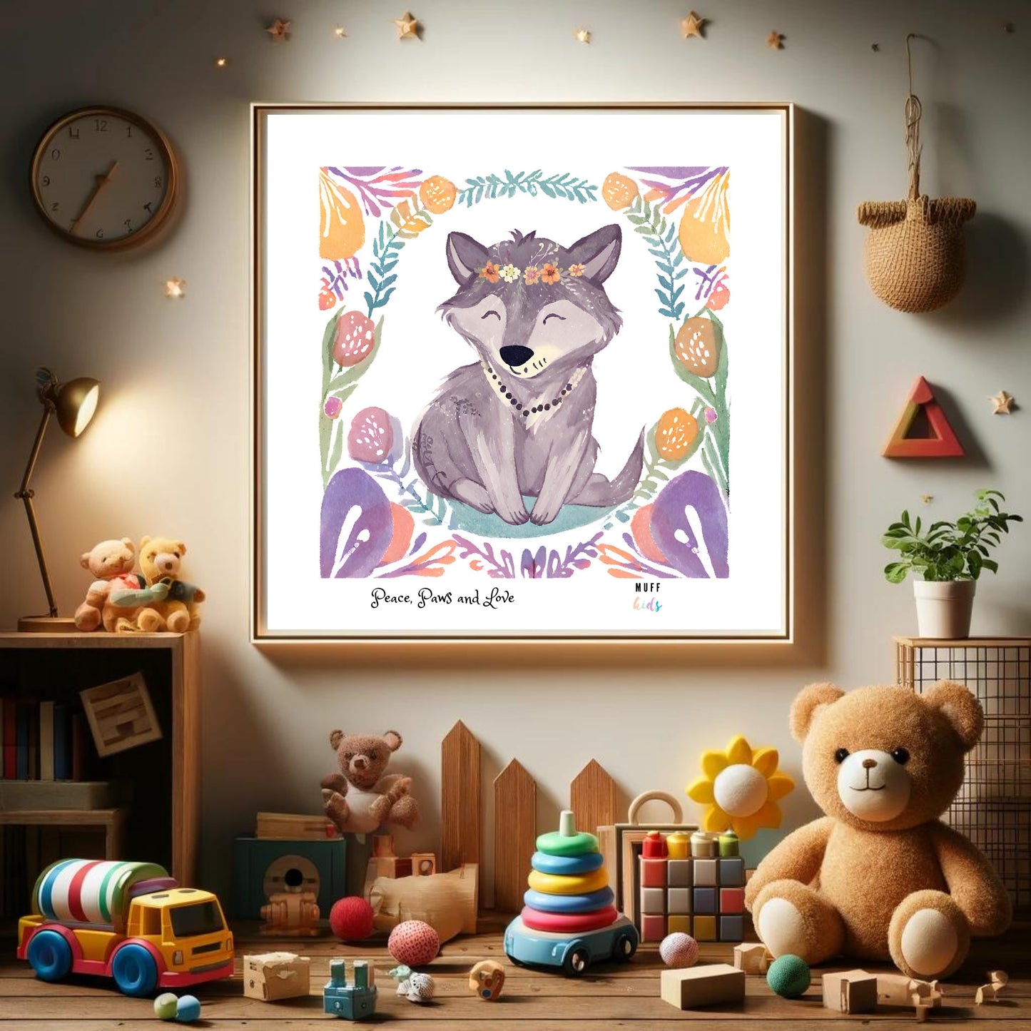 Peace, Paws and Love Wolf No:1 Art Print Tasarım Çocuk Odası Posteri