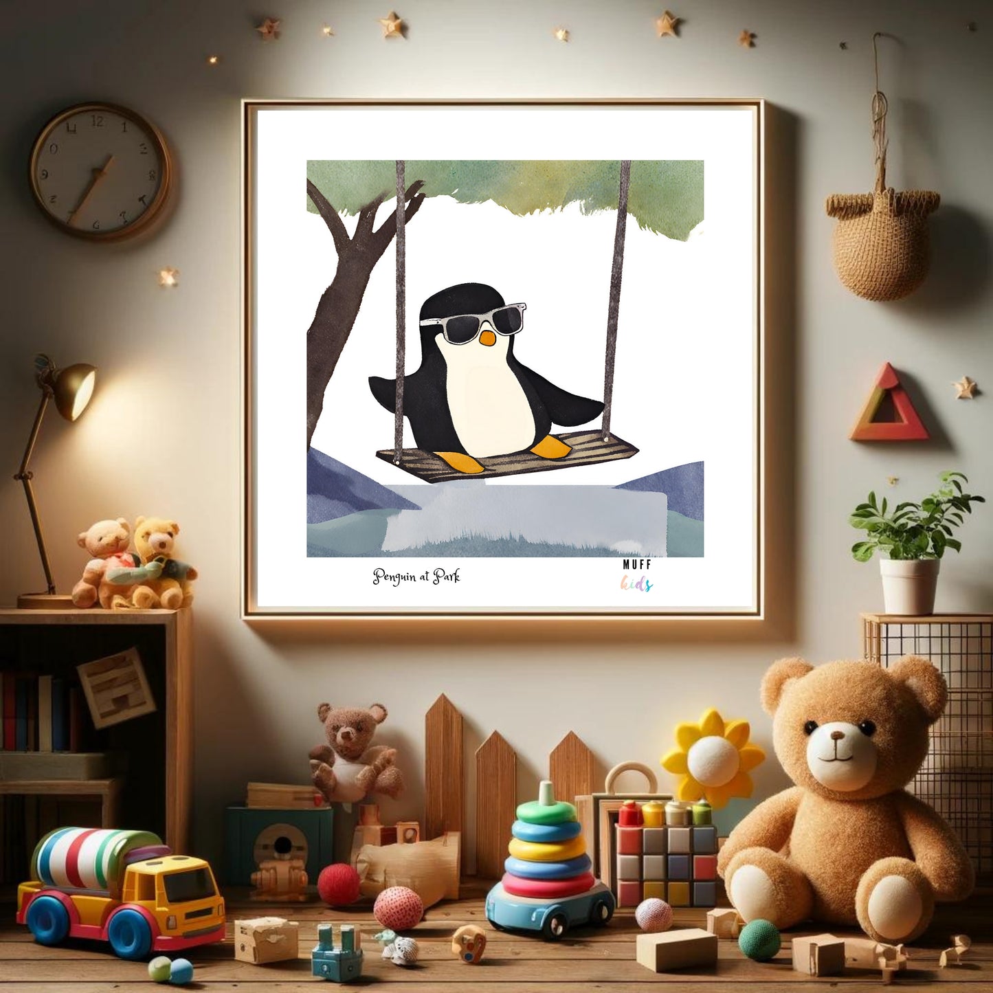 Kids Art Print Design Penguin At Park Poster For Kids