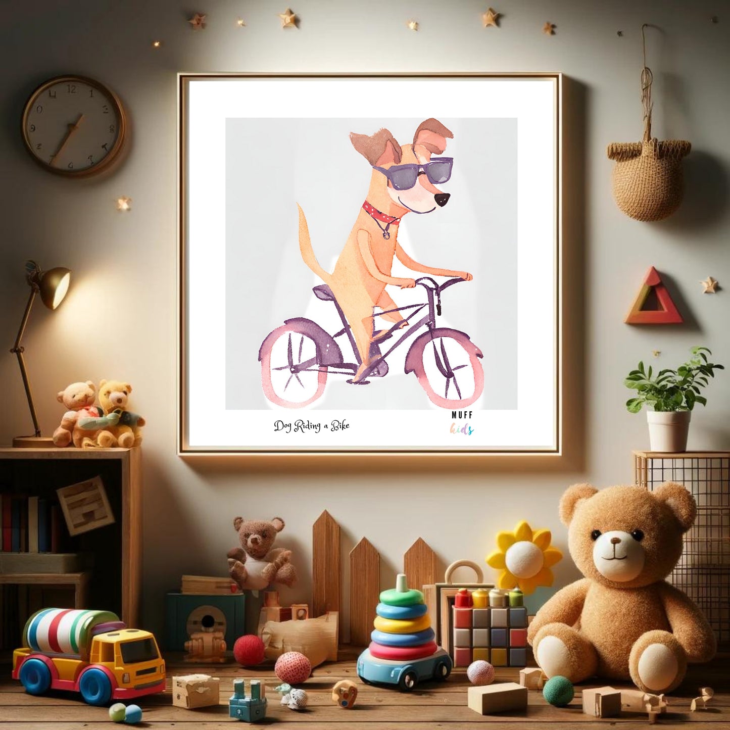 Kids Art Print Design Dog Ride a Bike Poster For Kids