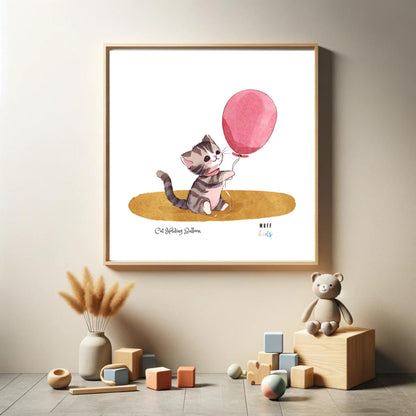 Art for Kids | Cat Holding Balloon | Printable Kids Art | Educational Art Print | Digital Art Design | Instant Download