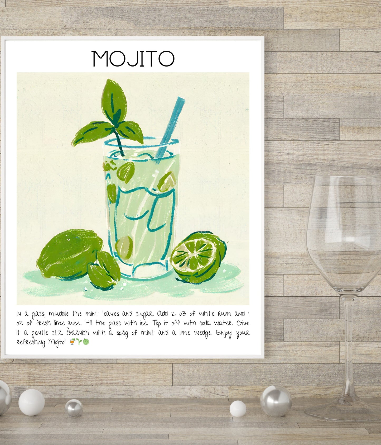 Instant Download - Mojito - Cocktails Illustrated Guide - Digital Art Poster - High Resolution - Bar Decor