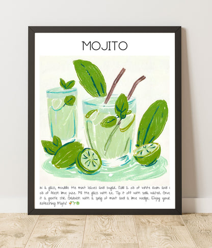 Instant Download - Mojito - Cocktails Illustrated Guide - Digital Art Poster - High Resolution - Bar Decor